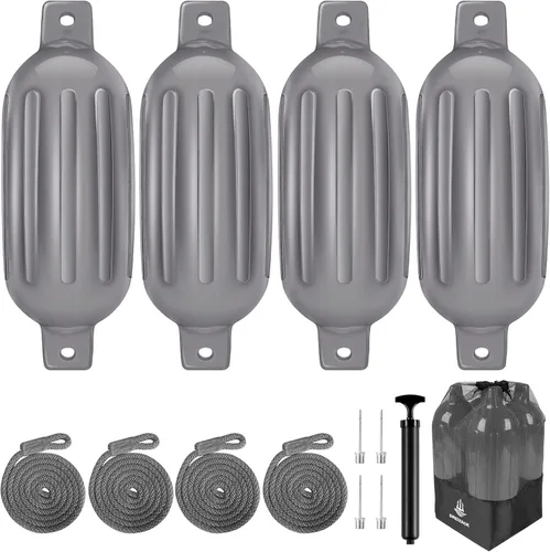 Dreizack Boat Fenders 4 Pack, Boat Bumpers for Docking with 4 Ropes, Inflatable Ribbed Marine Pontoon Boat Fender Bumper for Docks with 1 Storage