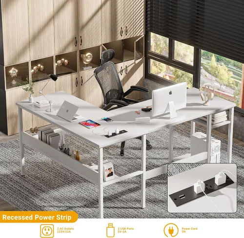 Miniatura 4 de Unikito Escritorio reversible para computadora en forma de L con tomas de corriente mágicas y puertos de carga USB, escritorio esquinero resistente