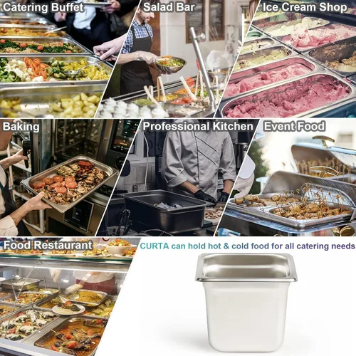 Miniatura 7 de CURTA Paquete de 6 sartenes antiatascos para hotel, tamaño 1/6 de 6 pulgadas de profundidad, bandeja comercial NSF de acero inoxidable 18/8