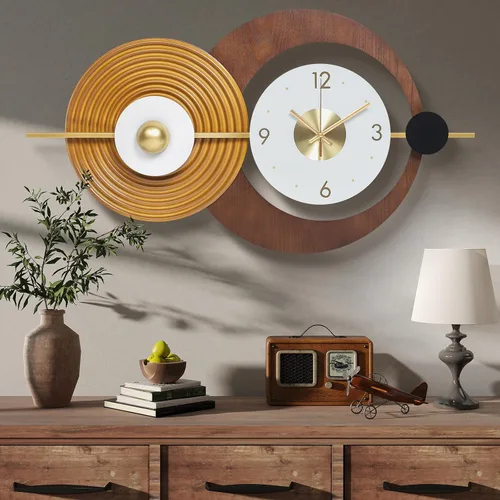 Miniatura 12 de Reloj de pared Anmotpe moderno, operado con batería, grandes relojes negros de metal y madera, estilo retro, reloj de pared grande de metal