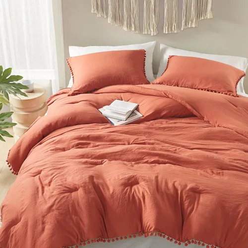Miniatura 10 de Codi Juego de edredón beige tamaño King, ropa de cama bohemia chic con elegantes flecos de pompones, juego de lujo de 3 piezas de microfibra lavada