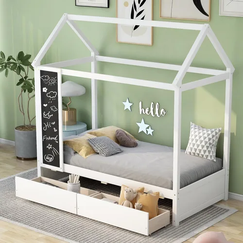 Miniatura 16 de Cama de madera de tamaño individual con dos cajones y techo, cama de plataforma con 2 cabeceros, para dormitorio de niños, adolescentes, niñas