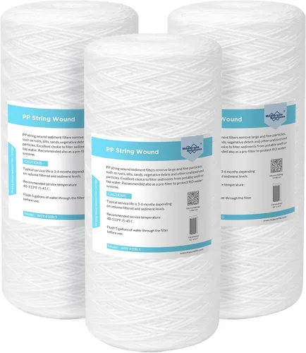 Membrane Solutions Cartucho de repuesto de filtro de agua universal para toda la casa, 5 micrones, 10 x 4.5 pulgadas, para agua de pozo, paquete de 3