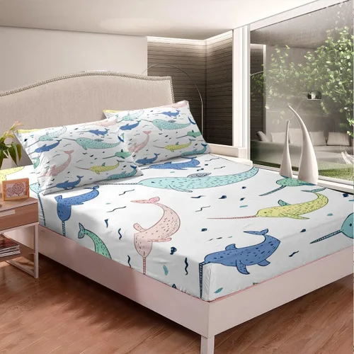 Miniatura 2 de Juego de ropa de cama Narwhal Ocean Whale - Juego de sábanas bajeras náuticas costeras para niños y niñas, vida marina, animales de dibujos