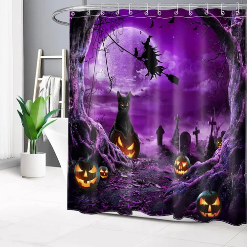 Miniatura 23 de LB Cortina de ducha espeluznante de Halloween, árbol muerto espeluznante con tela de araña de murciélago, cortina de ducha de baño con temática