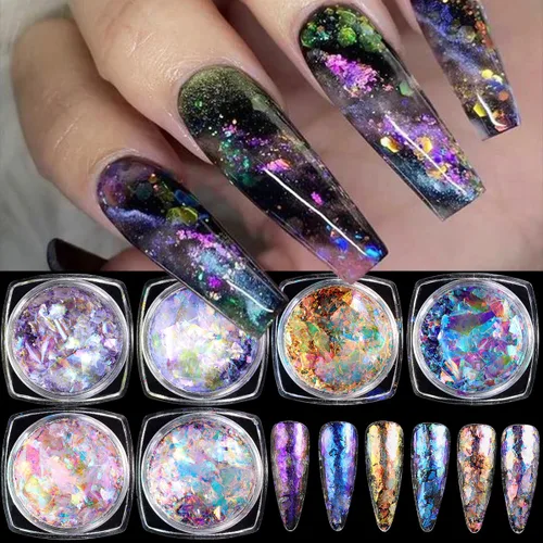 Polvo de uñas cromado iridiscente, 6 cajas de copos de ópalo de fuego de cristal para arte de uñas, lentejuelas holográficas de sirena con purpurina