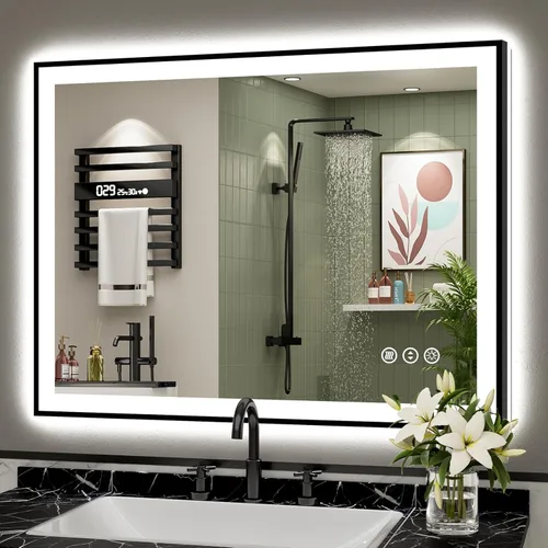 Miniatura 30 de 30x36 Espejo de baño LED con luces, retroiluminado y luz frontal, espejo de tocador iluminado antivaho para pared de baño, 3 colores, regulable