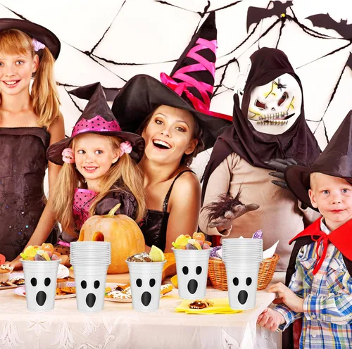 Miniatura 6 de 50 vasos de plástico de Halloween de 12 onzas con diseño de fantasma blanco y negro, tazas desechables espeluznantes para fiestas de Halloween