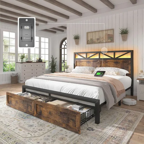 Miniatura 10 de EnHomee Marco de cama King de metal con 2 cajones de almacenamiento, cabecera de madera con iluminación LED y estación de carga, dormitorio, Negro