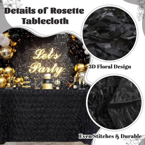 Miniatura 3 de B-COOL Mantel de rosetón negro de 60 x 102 pulgadas, mantel rectangular floral 3D para decoración de cumpleaños al aire libre, fiestas de cumpleaños