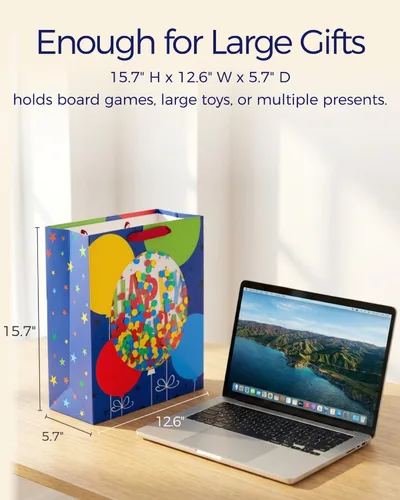 Miniatura 4 de SUNCOLOR Bolsa de regalo extragrande con ventana de confeti, papel azul, 15.7 x 12.6 x 5.7 pulgadas, diseño de globos de cumpleaños, incluye papel