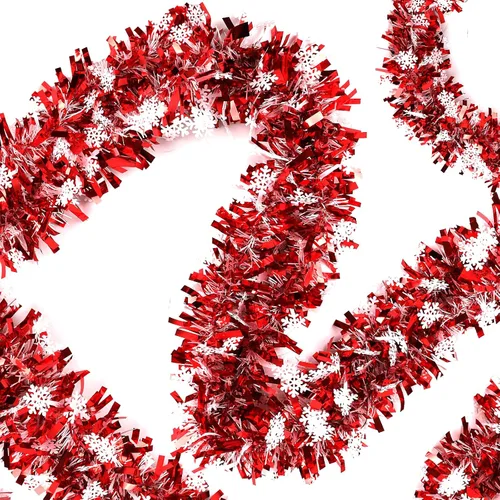 FOIMAS Guirnalda de oropel de Navidad de 33 pies, guirnalda colgante metálica trenzada de copo de nieve rojo para árbol de Navidad, chimenea,