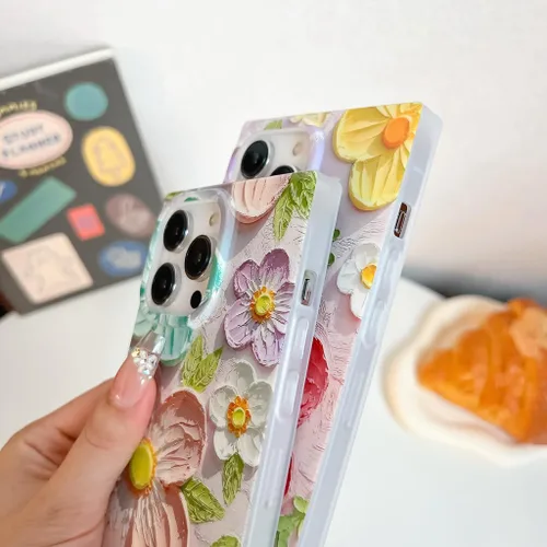 Miniatura 6 de Funda compatible con iPhone 13, borde rectangular, bonita funda protectora de lujo con diseño de flores al óleo para mujeres y niñas, funda