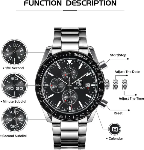 Miniatura 3 de BY BENYAR Relojes para hombre, cronógrafo analógico de cuarzo, 30M, resistente al agua, luminoso, de cara grande, relojes para hombre, negocios