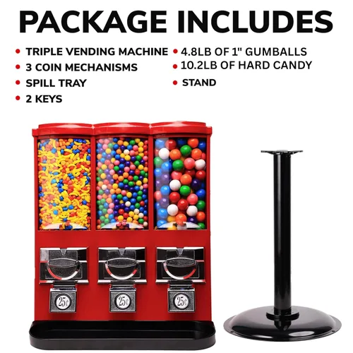 Miniatura 2 de Máquina expendedora – Máquina comercial de chicles y dulces con soporte y recarga en paquete – Máquina expendedora triple roja con recipientes