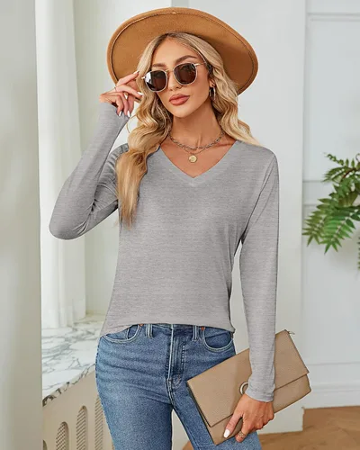 Miniatura 3 de Ficerd Paquete de 2 camisetas de manga larga para mujer, cuello en V, casuales, ajustadas, básicas, de color sólido, dobladillo curvado