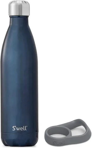 S'well Botella de agua de acero inoxidable con asa de viaje, 17 onzas líquidas, gamuza azul, recipientes aislados al vacío de triple capa que