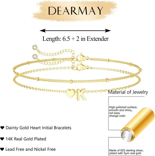Miniatura 3 de DEARMAY Delicadas pulseras de oro con inicial de corazón para mujer, a la moda, de oro real de 14 quilates, pulsera con dije de letra, joyería linda
