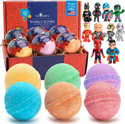 Bombas de baño de superhéroes para niños con juguetes sorpresa en el interior (paquete de 6) - Bomba de burbujas grande para niños, niñas y niños