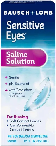 Bausch + Lomb Solución salina para ojos sensibles, enjuague diario suave para lentes de contacto suaves y permeables a los gases, con potasio, 12