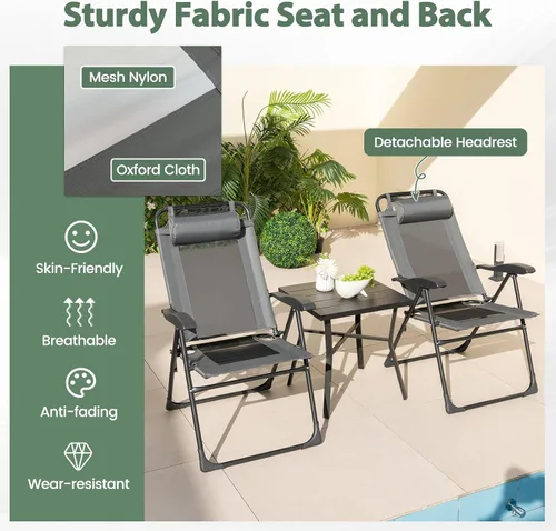Miniatura 5 de Tangkula Juego de 2 sillas reclinables para patio, sillas plegables para exteriores con 7 posiciones de respaldo ajustables, asiento de tela