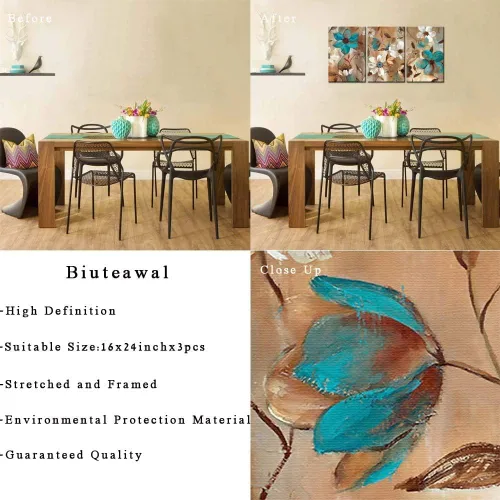 Miniatura 6 de Biuteawal - Pintura abstracta de flores sobre lienzo, arte de pared, diseño floral azul y blanco, ilustraciones decorativas contemporáneas