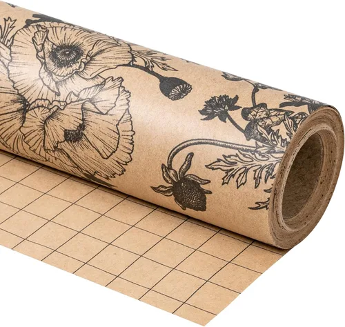 RUSPEPA - Rollo de papel kraft para envolver regalos - Mini rollo - Diseño de flores retro, ideal para cumpleaños, fiesta, baby shower - 17.5 Flor