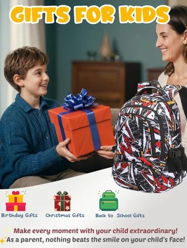 Miniatura 3 de BLUEFAIRY Mochila escolar para niños de regreso a la escuela, bolsa de libros, Negro Blanco, Triángulo