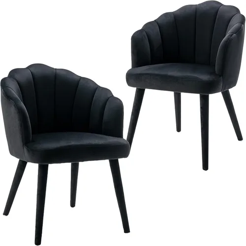 Miniatura 5 de Juego de 2 sillas de comedor de terciopelo modernas con respaldo de pétalos y patas de madera, cómodas sillas laterales tapizadas para comedor, Negro