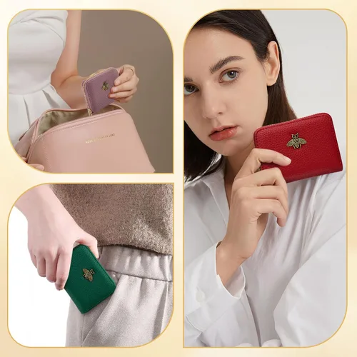 Miniatura 6 de WOZEAH Tarjetero de cuero para mujer, cartera con bloqueo RFID, con cremallera, tarjetero, para negocios, Negro, Sólido