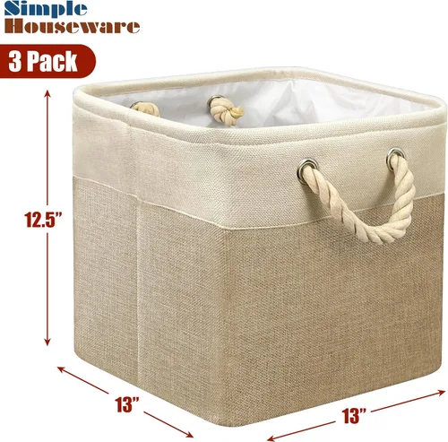 Miniatura 2 de Simple Houseware Cubos de almacenamiento de tela grandes de 13 x 13 pulgadas para armario y organizador de cubos, paquete de 3, color beige