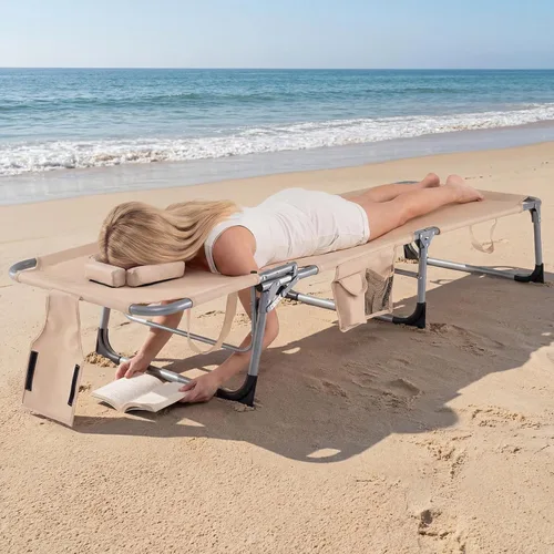 Miniatura 2 de COSTWAY Silla de salón plegable de playa, silla de bronceado con agujero para la cara, respaldo ajustable de 5 posiciones, almohada y bolsillo