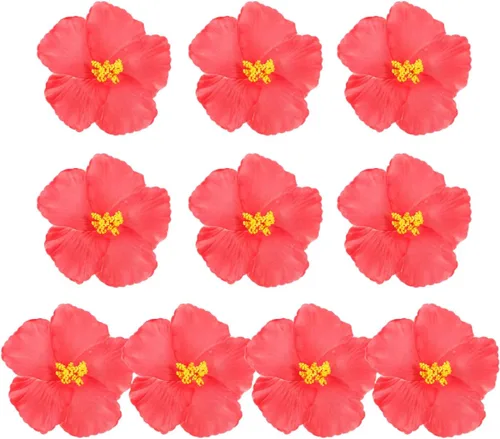 Garneck 10 flores artificiales de hibisco, flores tropicales de imitación, flores de hibisco falsas rojas, plumeria vívida para Hawaii Luau mesa de