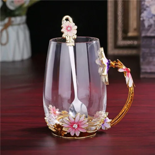 Miniatura 2 de Luka Tech Tazas de café de vidrio esmaltadas sin plomo, taza de té con cuchara de acero, el mejor regalo de cumpleaños para mujeres, esposa, mamá