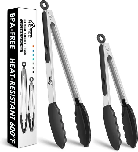 Miniatura 27 de HOTEC Pinzas de Cocina Premium de Acero Inoxidable con Bloqueo con Puntas de Silicona, Juego de 2-9" y 12" Gris Claro Paquete de 2: gris claro
