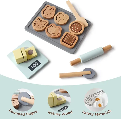 Miniatura 2 de PairPear Juego de Comida de Juguete de Madera para Galletas y Hornear, 28 Piezas de Galletas Rebanables para Niños, Batidora de Mano de Juguete