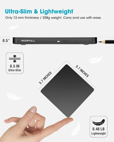 Miniatura 2 de ROOFULL Unidad externa de CD/DVD USB 3.0 y USB-C, ultrafina de 0.5 pulgadas, reproductor de CD y DVD de alta velocidad, grabador para computadora