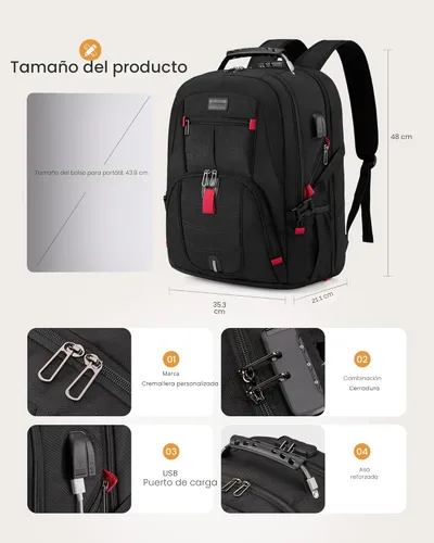 Miniatura 9 de LOVEVOOK Mochila grande de viaje y para laptop, impermeable, antirrobo, con cerradura y puerto de carga USB, para negocios, hombres, mujeres, Negro