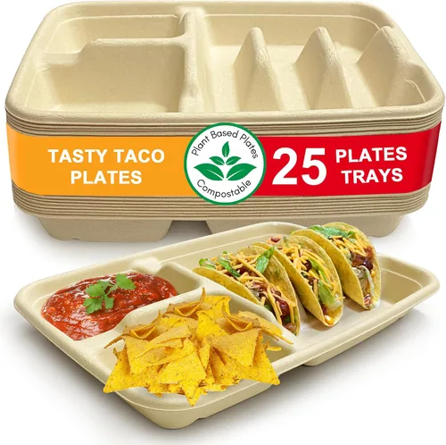 Platos de taco de 3 y 2 lados, platos de papel desechables con divisores - Paquete de 25 | Bandeja de tacos para fiesta, soporte de tacos para