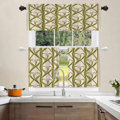 Miniatura 8 de Shrahala Art Nouveau Floral Pattern Blackout Curtain Tiers, Delicate Vine and Flower Design Kitchen Valance Light Blocking Tier Drapes with Rod