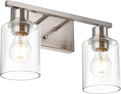 Lámpara moderna para tocador de baño, 2 luces, apliques de pared industriales en acabado de níquel cepillado, base de metal para interior, montaje