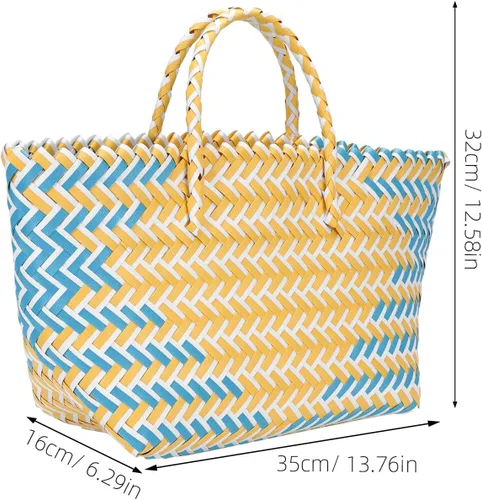 Miniatura 4 de Bolso tejido a mano para mujer, gran capacidad, a rayas, con correa cilíndrica, cesta de picnic duradera para almacenamiento al aire libre