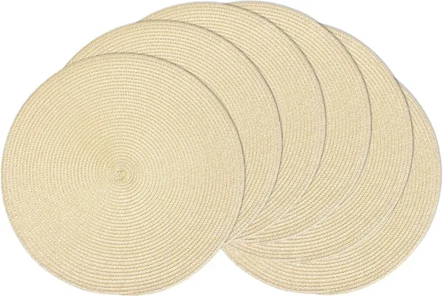 AHHFSMEI Juego de 6 manteles individuales redondos trenzados de 15 pulgadas para mesas de comedor, tejido natural, resistentes al calor, color beige