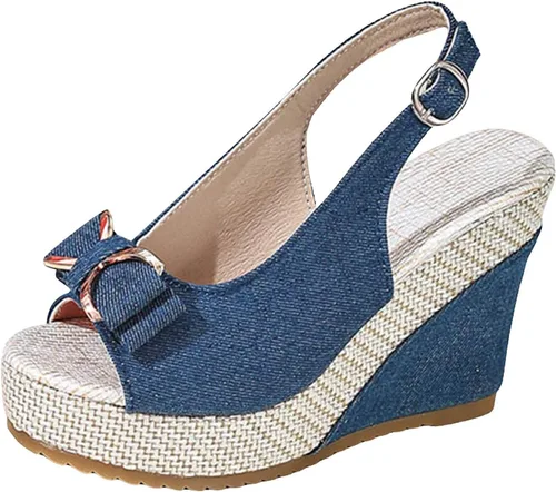 Miniatura 8 de Sandalias de cuña de mezclilla para mujer 2026 con puntera abierta, alpargatas con lazo, zapatos casuales de playa de verano para viajes, fiestas