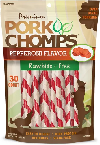Pork Chomps Masticables de piel de cerdo horneada para perros, mini giros de 5 pulgadas, 30 unidades, envoltura con sabor a pepperoni, golosinas de
