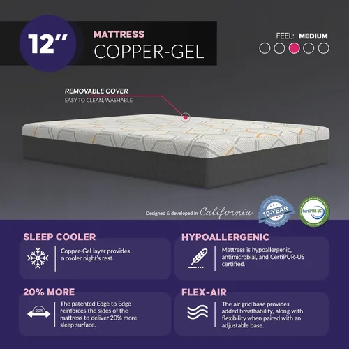 Miniatura 5 de Blissful Nights Colchón de espuma viscoelástica fresca con infusión de cobre de 12 pulgadas, tamaño individual XL, desarrollado para bases de cama