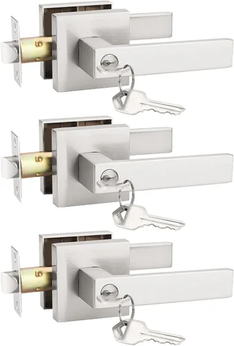 Miniatura 30 de KNOBWELL Juego de 6 manijas de puerta de entrada resistentes color negro mate con llave igual/combo con llave, manija de puerta clásica