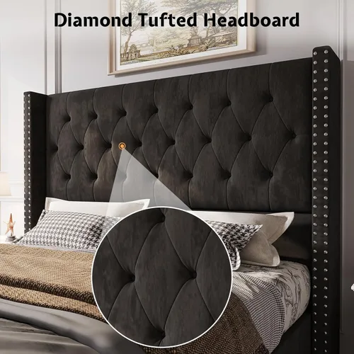 Miniatura 2 de Jocisland Armazón de Cama Queen Tapizada con Cabecero Wingback de Terciopelo Acolchado con Botones en Patrón de Diamante/No Necesita Somier/Fácil