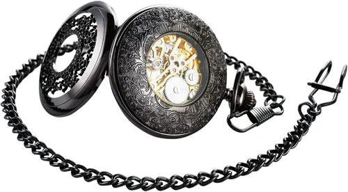Miniatura 6 de BOSHIYA Mens Vintage Skeleton Pocket Watch Steampunk Windup Half Hunter Mechanism Gear Cover with Chain