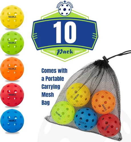 Miniatura 2 de Muka Paquete de 10 bolas de pickleball con bolsa de cordón, bolas de pickleball de 40 agujeros para exteriores